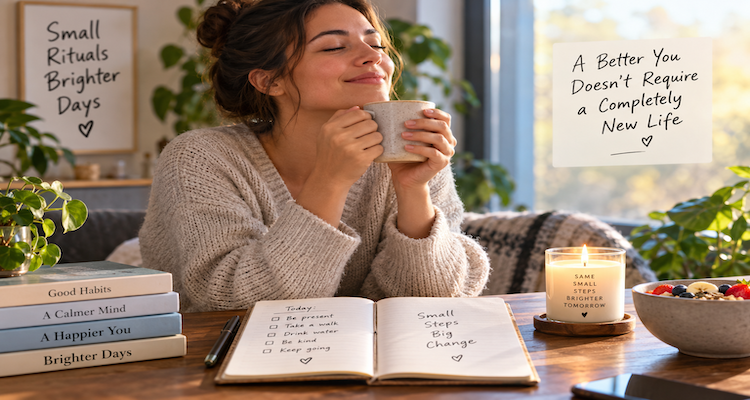 Person enjoying a quiet morning ritual with coffee, a book and a notebook in a calm home setting