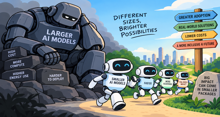 Small AI models running across smartphones, laptops and cloud infrastructure alongside a large AI model