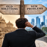 People working around an old institutional blueprint while discussing new social challenges and changing solutions