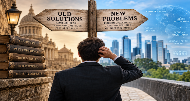 People working around an old institutional blueprint while discussing new social challenges and changing solutions