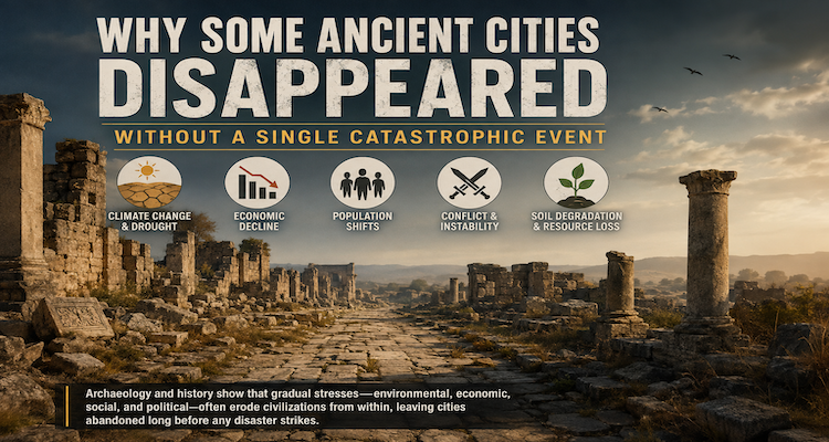 Archaeological ruins of ancient cities illustrating the gradual decline and abandonment of Angkor, Cahokia and other urban civilizations.