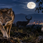 Wild mammals moving through a forest at night, illustrating how human disturbance can shift wildlife activity toward darkness
