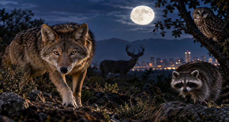 Wild mammals moving through a forest at night, illustrating how human disturbance can shift wildlife activity toward darkness
