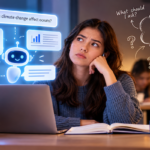 Student using generative AI while comparing questions, research notes and multiple sources in a classroom study environment