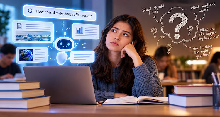 Student using generative AI while comparing questions, research notes and multiple sources in a classroom study environment
