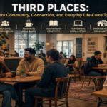 People working, reading and socializing in a modern café that functions as a third place between home and work