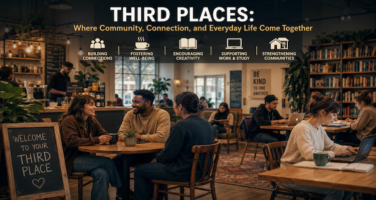 People working, reading and socializing in a modern café that functions as a third place between home and work