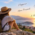Traveler sitting quietly beside a mountain lake, representing the growing preference for destinations chosen for emotional wellbeing and atmosphere.