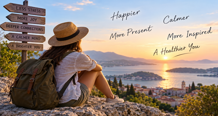 Traveler sitting quietly beside a mountain lake, representing the growing preference for destinations chosen for emotional wellbeing and atmosphere.