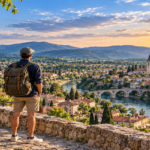 Travelers walking through a lively historic street in a smaller European city while exploring local shops and architecture