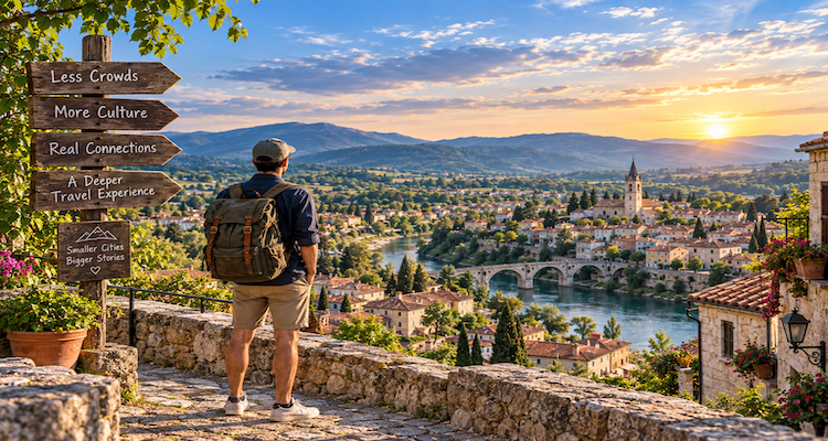 Travelers walking through a lively historic street in a smaller European city while exploring local shops and architecture
