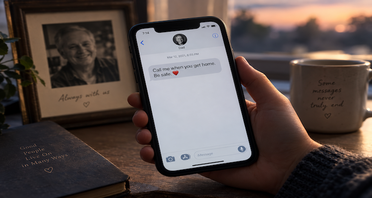 A smartphone displaying an old message from a deceased loved one, symbolizing digital memory and continuing bonds after loss.