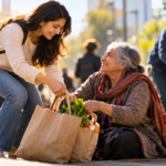 Person helping another individual in an everyday community setting, representing kindness and social connection