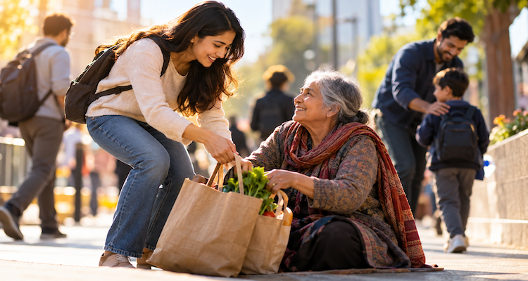 Person helping another individual in an everyday community setting, representing kindness and social connection
