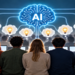 AI brain connecting to diverse people with identical lightbulb ideas, symbolizing how artificial intelligence can make human thinking more similar.