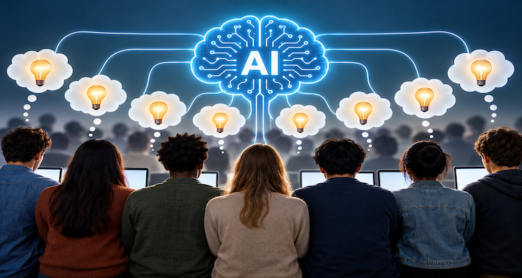 AI brain connecting to diverse people with identical lightbulb ideas, symbolizing how artificial intelligence can make human thinking more similar.