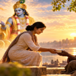 Krishna and Arjuna from the Bhagavad Gita depicted behind a woman selflessly offering food to an elderly man at sunset, symbolizing compassion and giving without expecting recognition.
