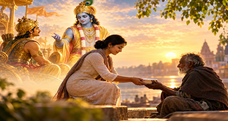 Krishna and Arjuna from the Bhagavad Gita depicted behind a woman selflessly offering food to an elderly man at sunset, symbolizing compassion and giving without expecting recognition.