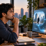Person considering an important life decision with an AI assistant on a computer screen.
