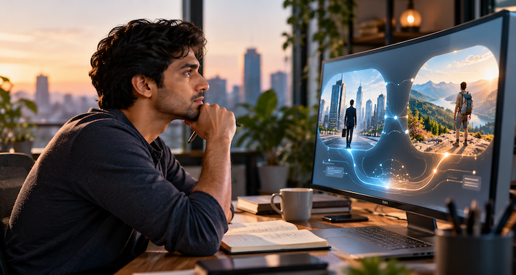 Person considering an important life decision with an AI assistant on a computer screen.