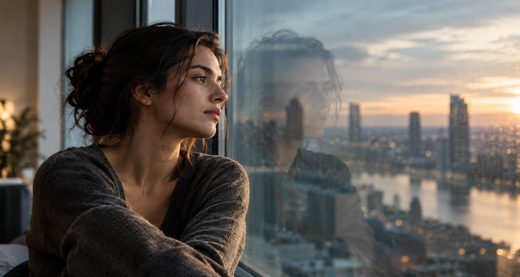 A person looking at their reflection in a window, symbolising identity and authenticity.