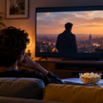 A viewer watching a cinematic scene on television in a warm, dimly lit living room, reflecting how a movie can feel different on a second viewing.