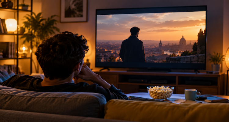A viewer watching a cinematic scene on television in a warm, dimly lit living room, reflecting how a movie can feel different on a second viewing.