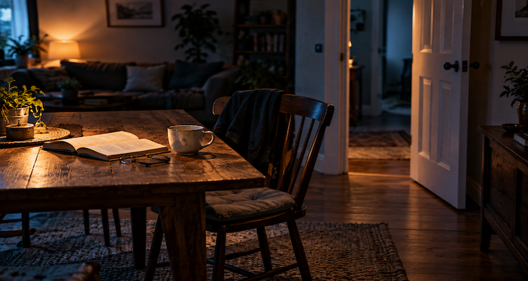 A dimly lit living room with an open book, half-finished cup of tea, an empty chair, and a partially open door, creating an unsettling feeling that someone has just left.