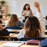 Teacher leading a classroom while students learn in a modern school environment