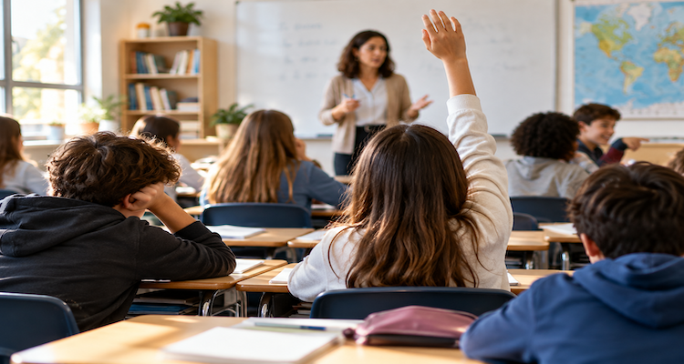 Teacher leading a classroom while students learn in a modern school environment