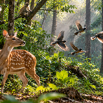 Alert deer and birds react to a hidden Bengal tiger moving through a dense forest.