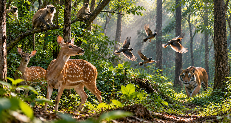 Alert deer and birds react to a hidden Bengal tiger moving through a dense forest.