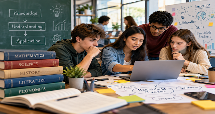 Students working together on an open-ended real-world problem in a modern classroom