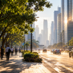Modern city street showing sunlit glass buildings, shaded tree-lined pavement, pedestrians and atmospheric haze.