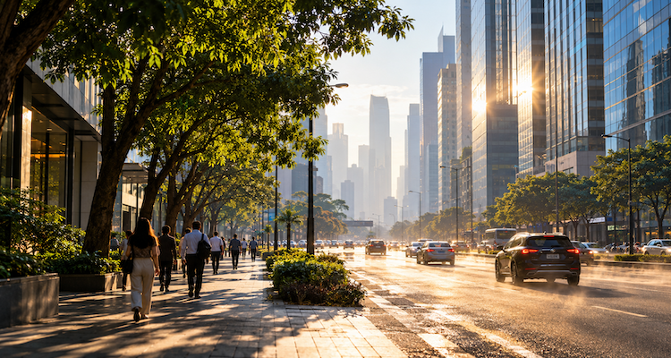 Modern city street showing sunlit glass buildings, shaded tree-lined pavement, pedestrians and atmospheric haze.