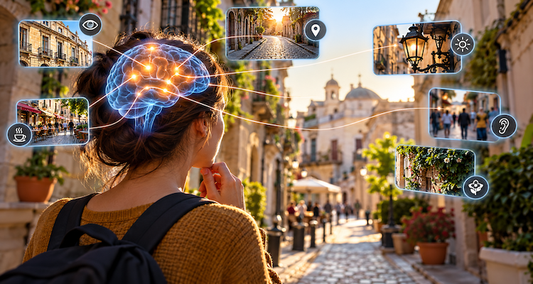 A woman recognises a familiar street as visual details, sounds, smells, and spatial memories trigger activity in her brain.