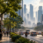 Dense modern city street with tall buildings, mature trees, pedestrians, traffic and atmospheric haze illustrating urban airflow patterns.