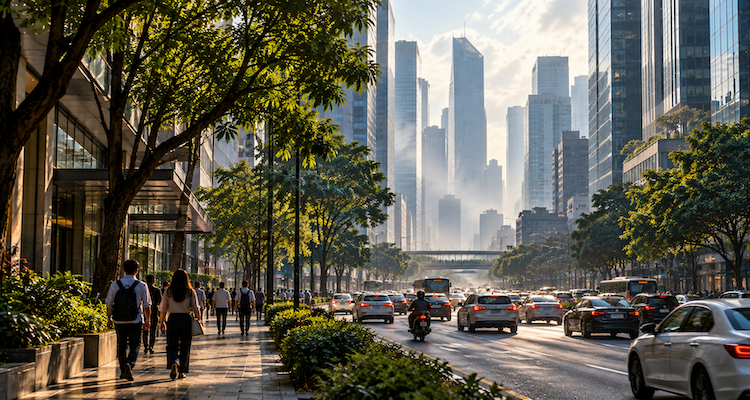 Dense modern city street with tall buildings, mature trees, pedestrians, traffic and atmospheric haze illustrating urban airflow patterns.