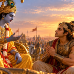 Lord Krishna teaching Arjuna humility and wisdom beside a golden chariot on the battlefield of Kurukshetra at sunset.