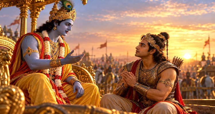 Lord Krishna teaching Arjuna humility and wisdom beside a golden chariot on the battlefield of Kurukshetra at sunset.
