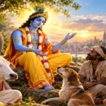 Lord Krishna teaching equal vision beyond social status to people and animals in the Bhagavad Gita