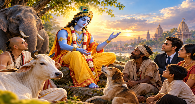 Lord Krishna teaching equal vision beyond social status to people and animals in the Bhagavad Gita