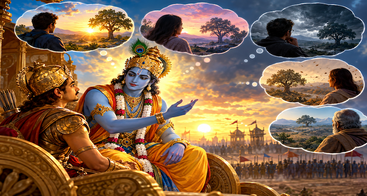 Krishna explaining to Arjuna how the same reality can be perceived differently, illustrated through people viewing the same landscape with different perspectives.