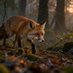 A red fox moving through woodland at dusk.