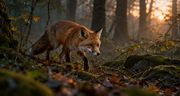 A red fox moving through woodland at dusk.