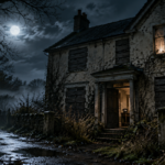 An abandoned house at night with boarded windows and an eerie glow in an upstairs room