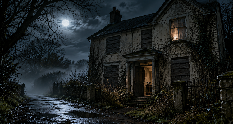 An abandoned house at night with boarded windows and an eerie glow in an upstairs room