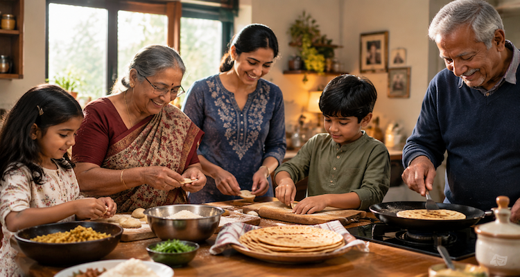 A multigenerational family preparing traditional food together in a warm kitchen, preserving family traditions across generations.