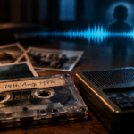 An old cassette tape beside a vintage audio recorder, scattered photographs, and a glowing blue sound waveform, evoking the eerie mystery of a voice nobody remembers hearing.