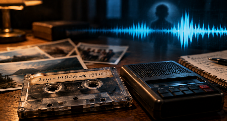 An old cassette tape beside a vintage audio recorder, scattered photographs, and a glowing blue sound waveform, evoking the eerie mystery of a voice nobody remembers hearing.